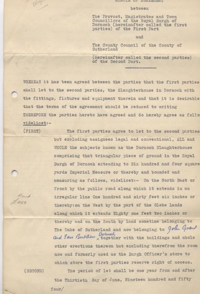 Agreement on let of slaughterhouse 1954