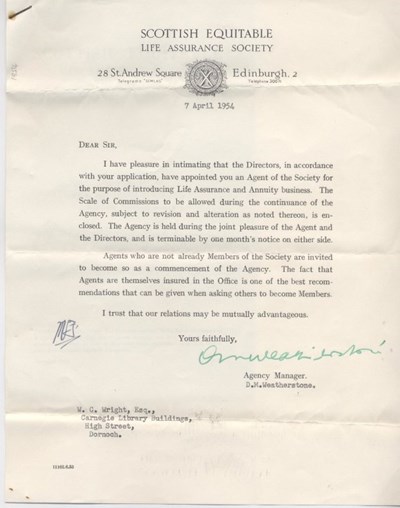 Letter re. appointment of insurance agent 1954