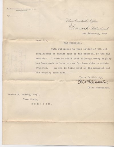 Letter re. damage to War Memorial 1924