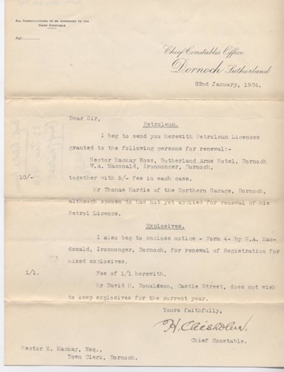 Letter re. petroleum and explosives licences 1924
