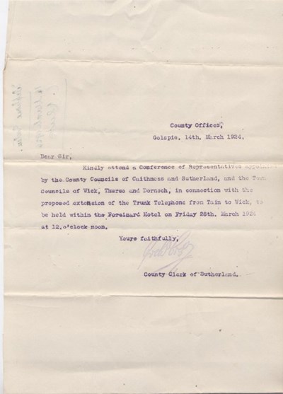 Letter re. meeting about telephone service 1924