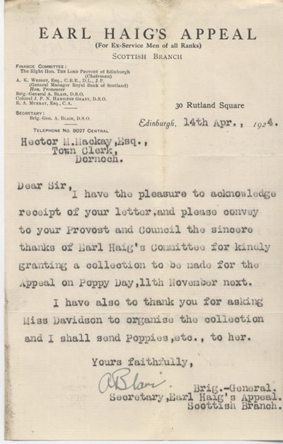 Letter re. arrangements for Poppy Day 1924