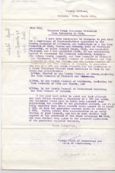 Letter re. proposed trunk telephone extension to Wick 1924