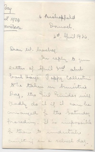 Letter re. arrangements for Poppy Day 1924