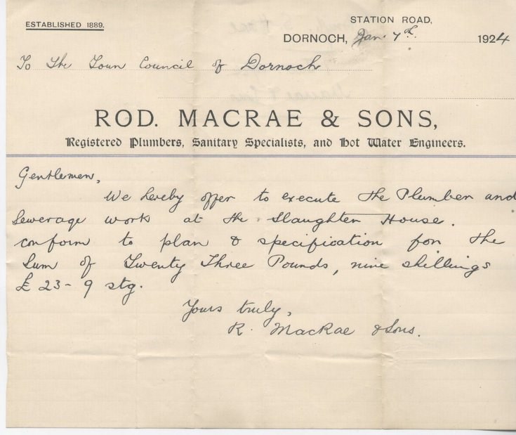 Quote for drain at slaughterhouse 1924