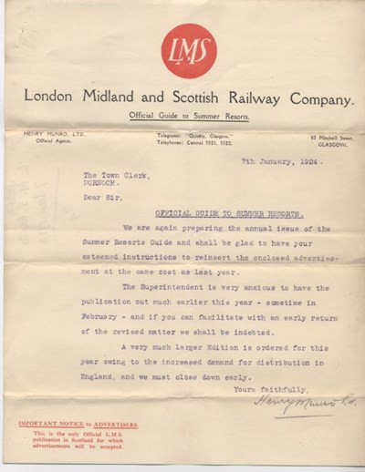 Letter re. railway resort guide 1924