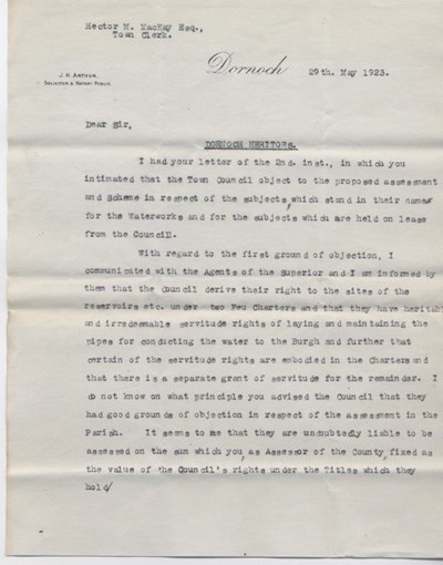 Letter re. heritors' assessment 1923