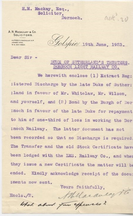 Letter re. discharge by Duke of Sutherland 1923