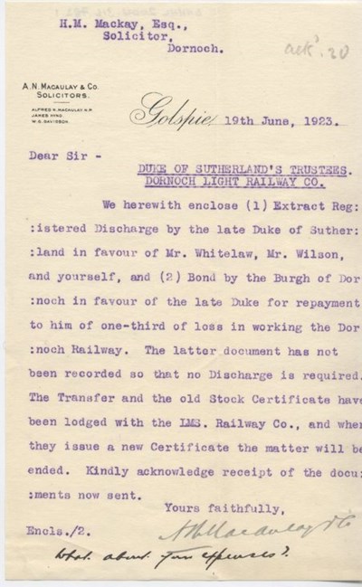 Letter re. discharge by Duke of Sutherland 1923