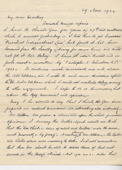 Letter from G. Campbell re. repairs to Manse 1922