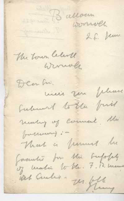 Letter re water supply to Evelix 1924