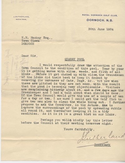 Letter re state of quarry pool 1924